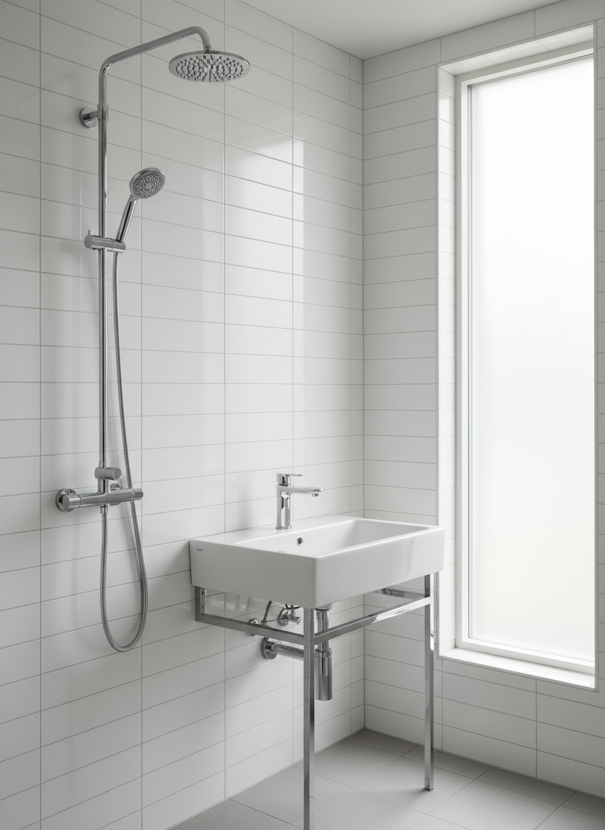 A premium bathroom setting featuring an advanced chrome thermostatic shower system and a newly installed, elegant white ceramic sink with a polished single-lever faucet. The environment includes glossy, white wall tiles and neatly arranged plumbing visible below the sink, all meticulously maintained and free of clutter. Natural daylight streams in from a frosted glass window, bathing the space in soft, diffused light that creates subtle highlights and gentle shadows, enhancing a sense of cleanliness. The mood is fresh and sanitary, with a minimalist, modern aesthetic. Captured at eye level with a centered, balanced composition, the photo-realistic style suits a sanitary installation and repair service website perfectly.