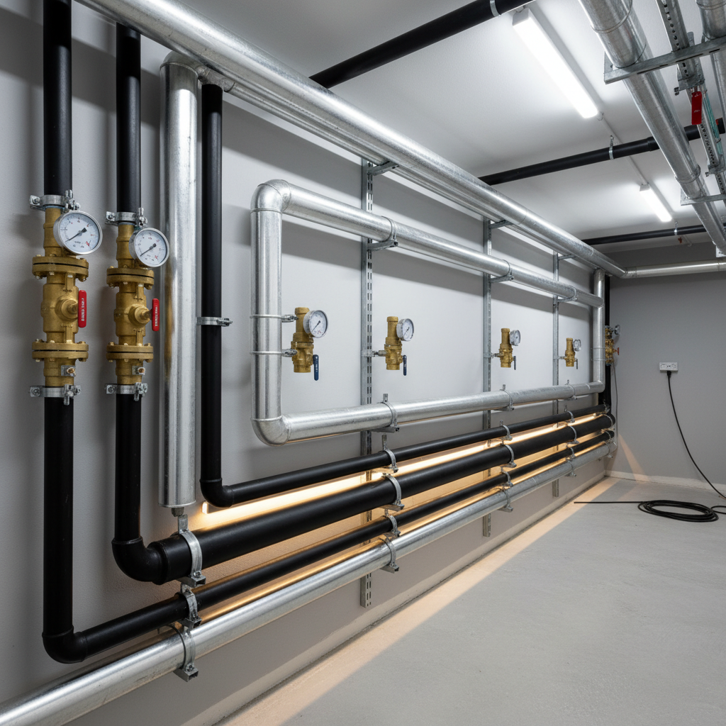 A meticulously installed network of thermal installation pipes and insulated tubing in striking silver and black, running seamlessly along a freshly painted, light gray cellar wall. The setting highlights precise junctions, valves, and pressure gauges, all gleaming under focused overhead task lighting. Warm LED accents cast gentle reflections on metallic surfaces, emphasizing expert craftsmanship and functional aesthetics. Captured from a slight wide-angle perspective, the composition leads the viewer’s eye along the path of the pipes, with a crisp, technical atmosphere. The overall artistic style is clean and modern, lending a sense of order and reliability, supporting the image of a trustworthy service provider in the heating installations sector.