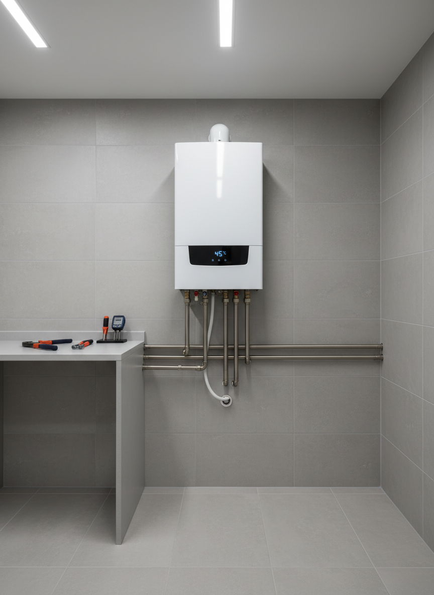 A high-efficiency modern wall-mounted gas boiler, finished in sleek matte white metal with subtle digital display, installed against a spotless, cool-toned tiled wall in a contemporary utility room. The environment features organized piping in brushed stainless steel and a clean, uncluttered workspace highlighted by crisp LED ceiling lighting. The lighting is even and bright, creating soft, natural shadows for a clean and professional effect. Captured with an eye-level composition using sharp focus throughout, the mood is confident, reliable, and inviting, evoking a feeling of expert service and dependable solutions. The style is photographic realism with a clean, modern touch well-suited for a professional installation services website.